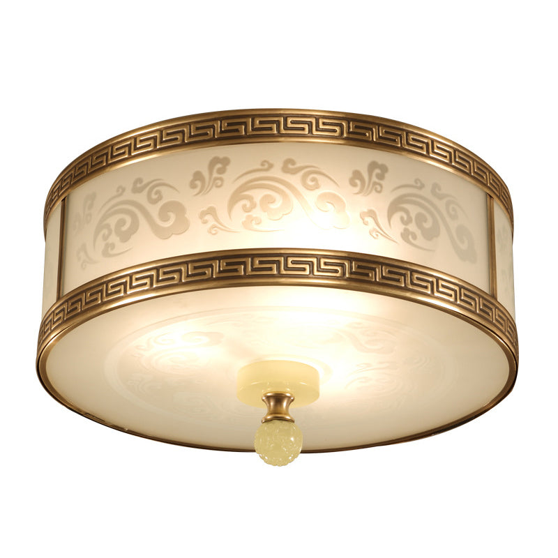 2/3/4 Light Frosted Glass Flush Light Chinese Style Brass Finish Drum Shape Ceiling Mount Light, 11.5"/13"/17" Dia Clearhalo 'Ceiling Lights' 'Close To Ceiling Lights' 'Close to ceiling' 'Flush mount' Lighting' 283325