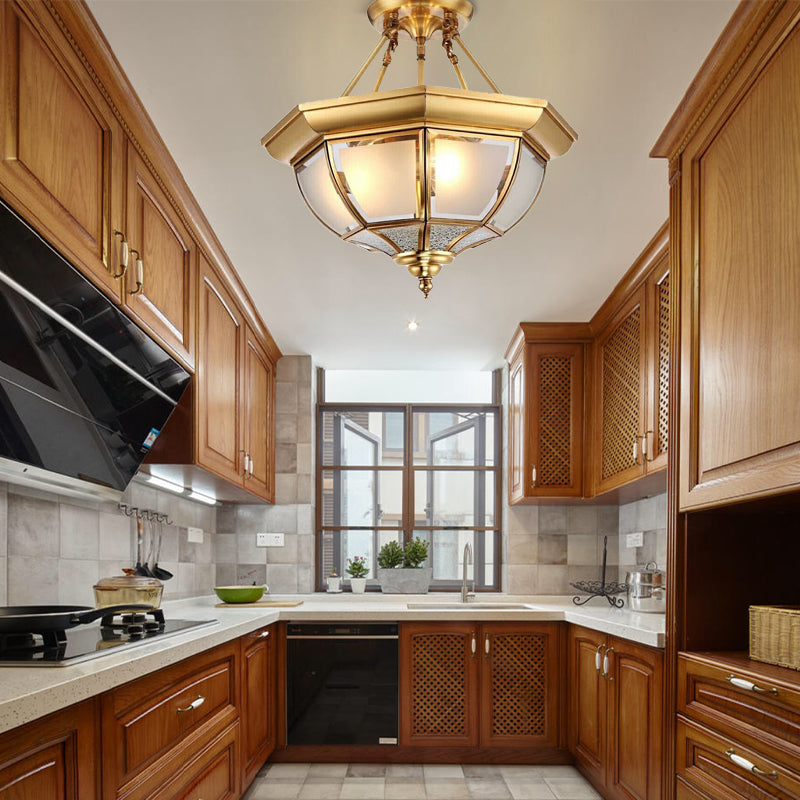 14"/18" W Tapered Bedroom Semi Mount Light Traditional Opal Glass 3/4 Bulbs Brass Finish Flush Ceiling Lamp Clearhalo 'Ceiling Lights' 'Close To Ceiling Lights' 'Close to ceiling' 'Glass shade' 'Glass' 'Semi-flushmount' Lighting' 283419