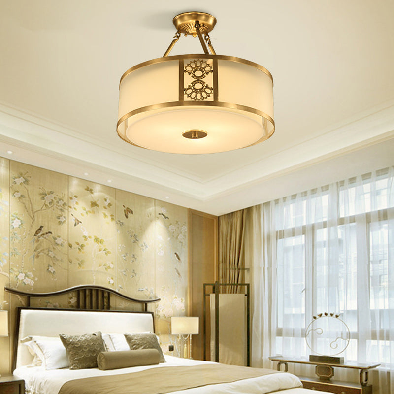 16"/19.5" W Brass 3/4 Heads Semi Flush Light Retro Sandblasted Glass Drum Ceiling Fixture for Living Room Clearhalo 'Ceiling Lights' 'Close To Ceiling Lights' 'Close to ceiling' 'Glass shade' 'Glass' 'Semi-flushmount' Lighting' 283454