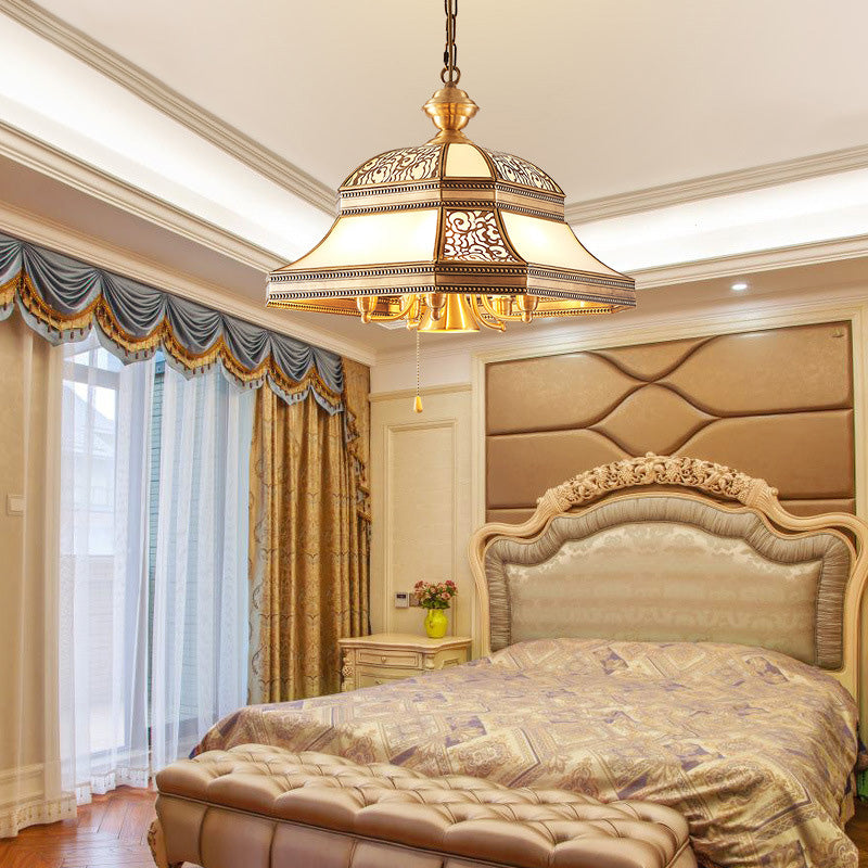 Bell Dining Room Ceiling Chandelier Colonial Mouth Blown Opal Glass 5 Heads Gold Hanging Light Fixture Clearhalo 'Ceiling Lights' 'Chandeliers' 'Close To Ceiling Lights' 'Glass shade' 'Glass' Lighting' 284034