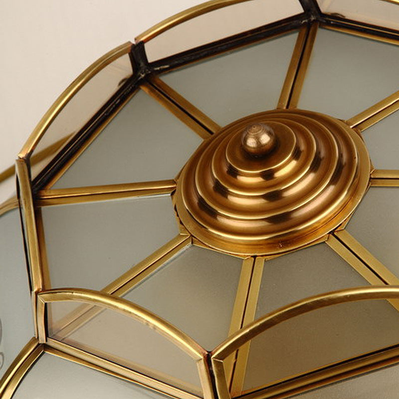 4 Bulbs Bowl Hanging Chandelier Colonial Brass Frosted Glass Ceiling Suspension Lamp for Living Room Clearhalo 'Ceiling Lights' 'Chandeliers' 'Glass shade' 'Glass' Lighting' 284067