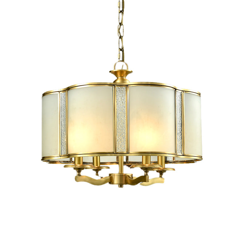 Scalloped Dining Table Pendant Chandelier Colonialism Opal White Glass 3/4 Heads Hanging Ceiling Light Clearhalo 'Ceiling Lights' 'Chandeliers' 'Glass shade' 'Glass' Lighting' 284884