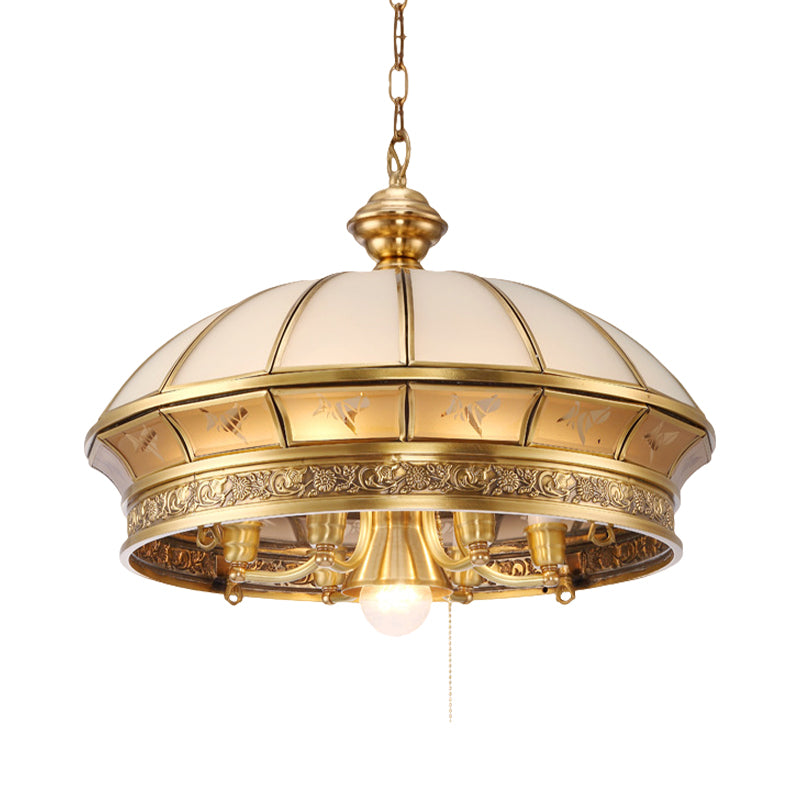 7 Lights Frosted Glass Chandelier Lighting Colonial Brass Domed Living Room Hanging Light Kit Clearhalo 'Ceiling Lights' 'Chandeliers' 'Glass shade' 'Glass' 'Pendant Lights' Lighting' 285224