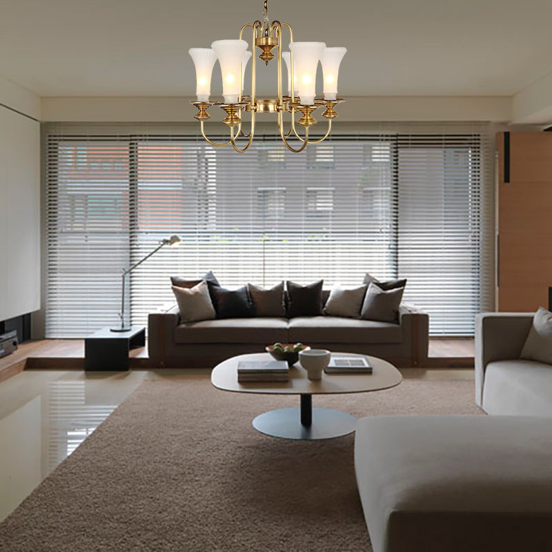 Gold Floral Shaped Chandelier Light Colonial White Glass 3/6/8 Heads Living Room Hanging Lamp Kit Clearhalo 'Ceiling Lights' 'Chandeliers' 'Glass shade' 'Glass' Lighting' 286441