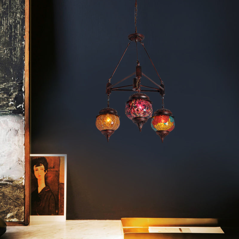 Globe Living Room Hanging Chandelier Moroccan Stained Glass 3 Lights Weathered Copper Pendant Lamp Clearhalo 'Ceiling Lights' 'Chandeliers' 'Close To Ceiling Lights' 'Glass shade' 'Glass' Lighting' 286621