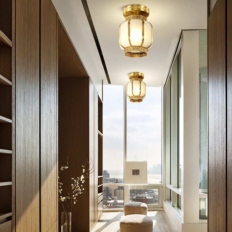 1 Light Lantern Ceiling Flush Mount Traditional Brass Metal Semi Flush Lighting with Opal Glass Shade Clearhalo 'Ceiling Lights' 'Close To Ceiling Lights' 'Close to ceiling' 'Semi-flushmount' Lighting' 286640