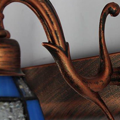 Dome Stainless Glass Vanity Lamp Tiffany Style 2 Lights Brass/Copper/Antique Brass Wall Sconce with Square/Blue Square Pattern Clearhalo 'Cast Iron' 'Glass' 'Industrial' 'Middle century wall lights' 'Modern' 'Tiffany wall lights' 'Tiffany' 'Traditional wall lights' 'Vanity Lights' 'Wall Lights' Lighting' 28883