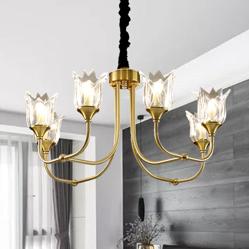 Flower Clear Glass Pendant Light Postmodern 6 Heads Dining Room Chandelier Light Fixture in Gold Clearhalo 'Ceiling Lights' 'Chandeliers' Lighting' options 293481