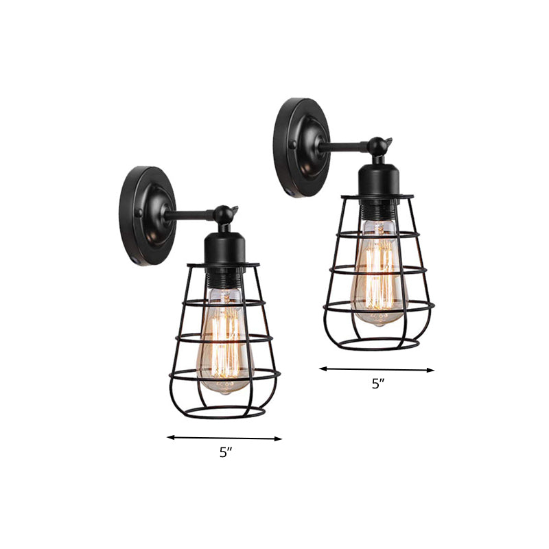 Warehouse Caged Wall Lighting Fixture 1/2 Bulbs Metallic Plug-in Pendant Light Black for Restaurant Clearhalo 'Art deco wall lights' 'Cast Iron' 'Glass' 'Industrial wall lights' 'Industrial' 'Middle century wall lights' 'Modern' 'Rustic wall lights' 'Tiffany' 'Traditional wall lights' 'Wall Lamps & Sconces' 'Wall Lights' Lighting' 294512