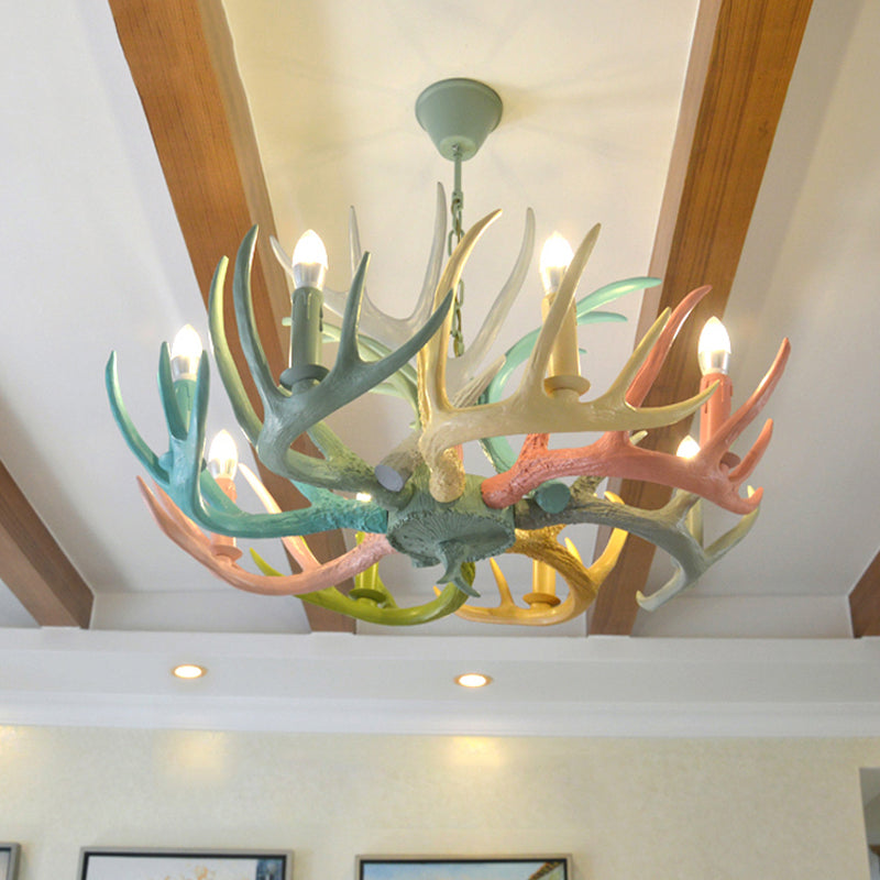 Resin Deer Antler Hanging Chandelier Rustic 4/6/8 Bulbs Bedroom Ceiling Pendant Light in Red-Green-Pink-Blue 8 Red-Green-Pink-Blue Clearhalo 'Ceiling Lights' 'Chandeliers' Lighting' options 295530_e30ea4a2-7234-4bfb-b596-7d4e1710b45d
