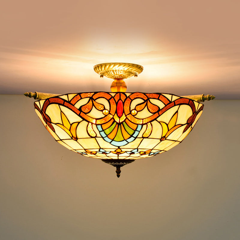 Baroque Dome Semi Flush Mount Lighting 5 Bulbs Handcrafted Stained Glass Close to Ceiling Lamp in White/Blue, 21.5"/25.5" W Clearhalo 'Ceiling Lights' 'Chandeliers' 'Close To Ceiling Lights' 'Close to ceiling' 'Glass shade' 'Glass' 'Semi-flushmount' 'Tiffany close to ceiling' 'Tiffany' Lighting' 296550