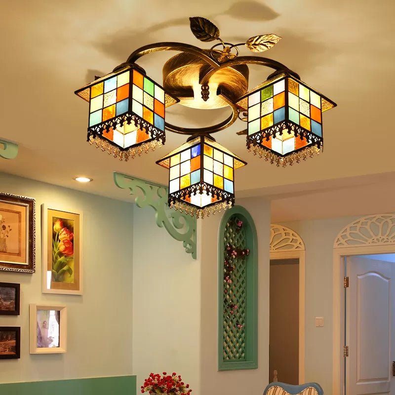 Stained Glass Ceiling Light, Cube Semi Flush Mount Light in