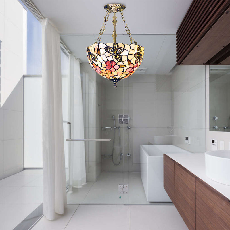 12"/16" W Flower Semi Mount Lighting 3 Lights Shell Victorian Ceiling Flush in Antique Brass with Dome Shade Clearhalo 'Ceiling Lights' 'Close To Ceiling Lights' 'Close to ceiling' 'Semi-flushmount' 'Tiffany close to ceiling' 'Tiffany' Lighting' 297116