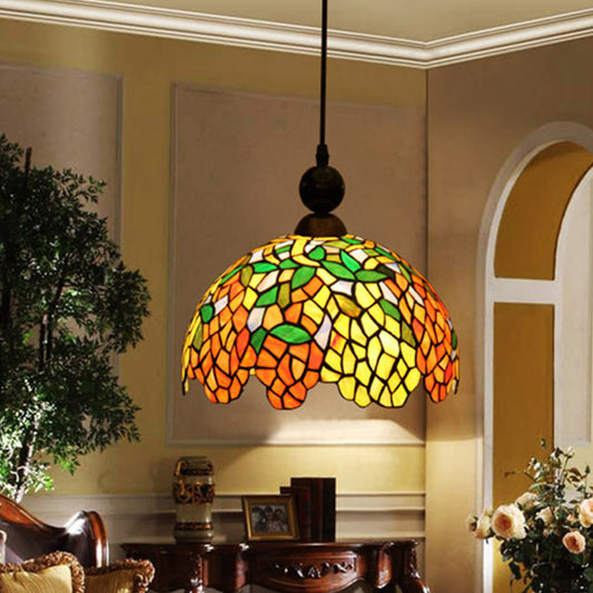 Dome Pendant Ceiling Light Mediterranean Stained Glass 1 Light Red Hanging Lamp for Kitchen Clearhalo 'Ceiling Lights' 'Industrial' 'Middle Century Pendants' 'Pendant Lights' 'Pendants' 'Tiffany close to ceiling' 'Tiffany Pendants' 'Tiffany' Lighting' 297333