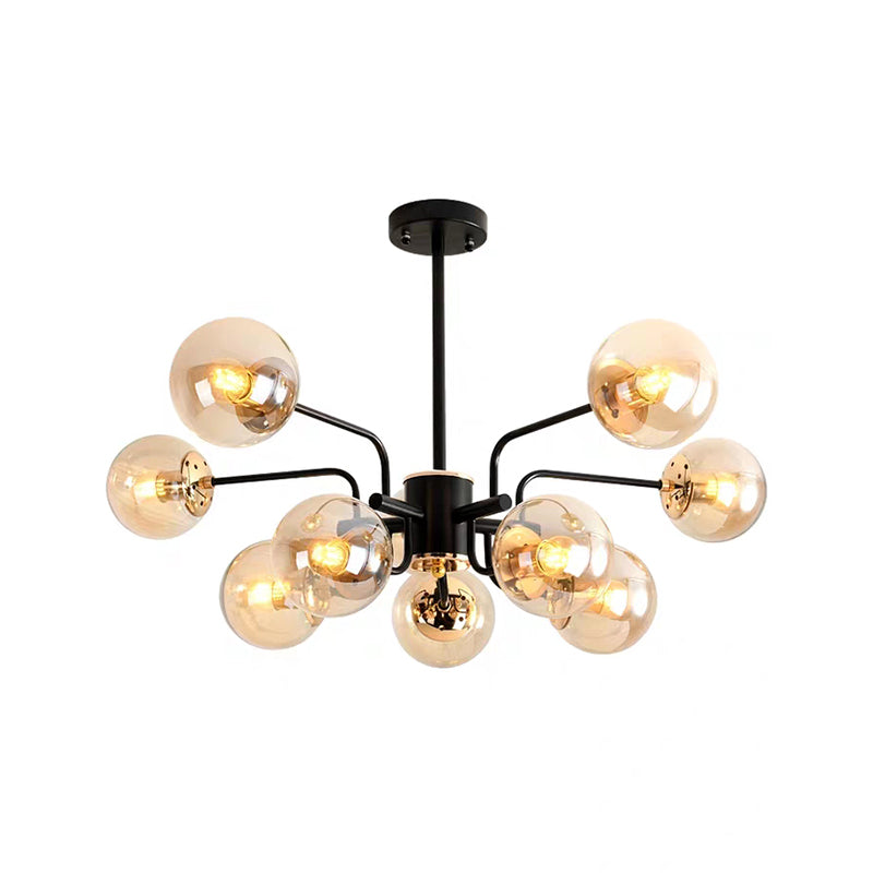 Sphere Living Room Chandelier Amber Glass 10 Bulbs Contemporary Pendant Ceiling Light in Black Clearhalo 'Ceiling Lights' 'Chandeliers' 'Glass shade' 'Glass' 'Island Lights' 'Modern Chandeliers' 'Modern' Lighting' 303459