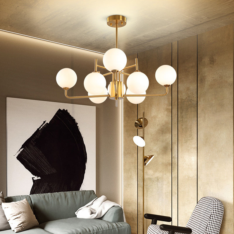 8 Bulbs Spherical Chandelier Lighting Modernism Milk Glass Pendant Light Fixture in Gold Clearhalo 'Ceiling Lights' 'Chandeliers' 'Glass shade' 'Glass' 'Modern Chandeliers' 'Modern' Lighting' 303681