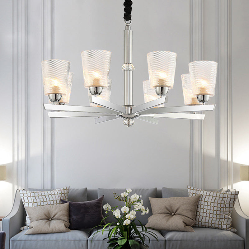 8 Bulbs Flared Pendant Chandelier Modernism Ribbed Glass Hanging Ceiling Light in Chrome Clearhalo 'Ceiling Lights' 'Chandeliers' 'Glass shade' 'Glass' 'Modern Chandeliers' 'Modern' Lighting' 303888