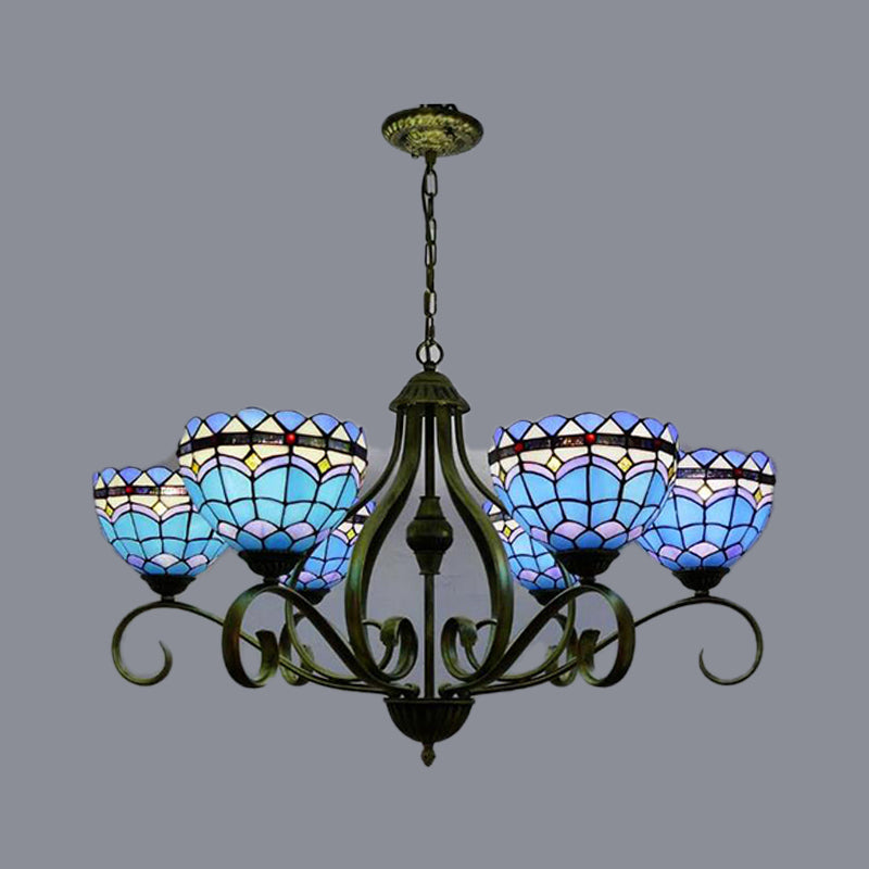 Domed Blue Stained Glass Ceiling Chandelier Mediterranean 3/6/8 Lights Bedroom Pendant Lamp in Black, 25.5"/34"/37.5" W Clearhalo 'Ceiling Lights' 'Chandeliers' 'Industrial' 'Middle Century Chandeliers' 'Tiffany Chandeliers' 'Tiffany close to ceiling' 'Tiffany' Lighting' 313975