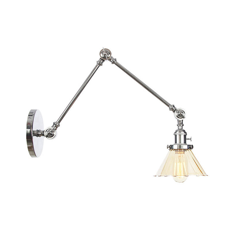 Industrial Cone Wall Mounted Light 1 Light Clear/Amber Glass Sconce in Black/Bronze/Brass with Arm, 8"+8"/8"+8"+8" Long Clearhalo 'Art deco wall lights' 'Cast Iron' 'Glass' 'Industrial wall lights' 'Industrial' 'Middle century wall lights' 'Modern' 'Rustic wall lights' 'Tiffany' 'Traditional wall lights' 'Wall Lamps & Sconces' 'Wall Lights' Lighting' 315288