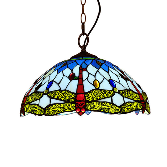 Tiffany Dragonfly Pendant Lighting Fixture 1 Light Stained Glass Ceiling Light in Red/Yellow/Blue for Kitchen Blue Clearhalo 'Ceiling Lights' 'Industrial' 'Middle Century Pendants' 'Pendant Lights' 'Pendants' 'Tiffany close to ceiling' 'Tiffany Pendants' 'Tiffany' Lighting' 316014
