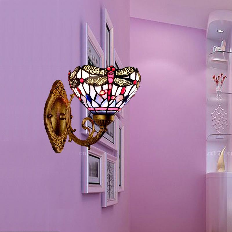 Brass Dragonfly Wall Mount Lamp Tiffany 1 Light Hand Cut Glass Sconce Light with Curving Arm Clearhalo 'Industrial' 'Middle century wall lights' 'Tiffany wall lights' 'Tiffany' 'Wall Lamps & Sconces' 'Wall Lights' Lighting' 316066