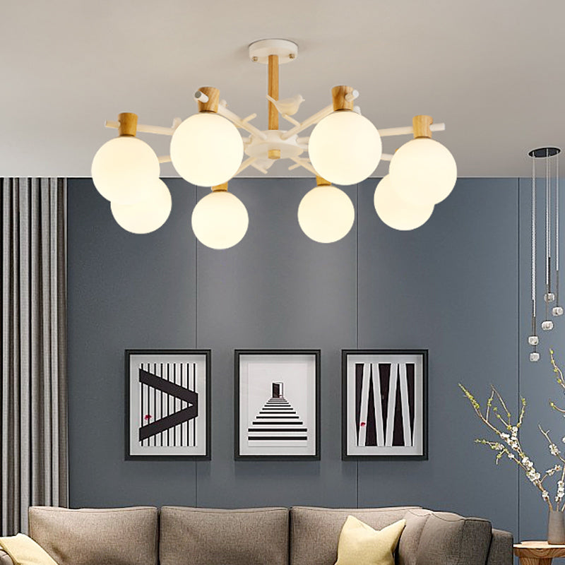 White Glass Sphere Hanging Chandelier Asian 6/8 Bulbs Pendant Lighting Fixture with Bird Clearhalo 'Ceiling Lights' 'Chandeliers' 'Close To Ceiling Lights' 'Glass shade' 'Glass' Lighting' 316428