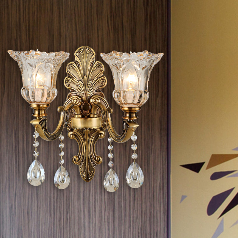 K9 Crystal Brass Wall Lighting Flower 1/2 Bulbs Traditional Wall Sconce Light with Clear Glass Shade 2.0 Brass Clearhalo 'Wall Lamps & Sconces' 'Wall Lights' Lighting' 317303