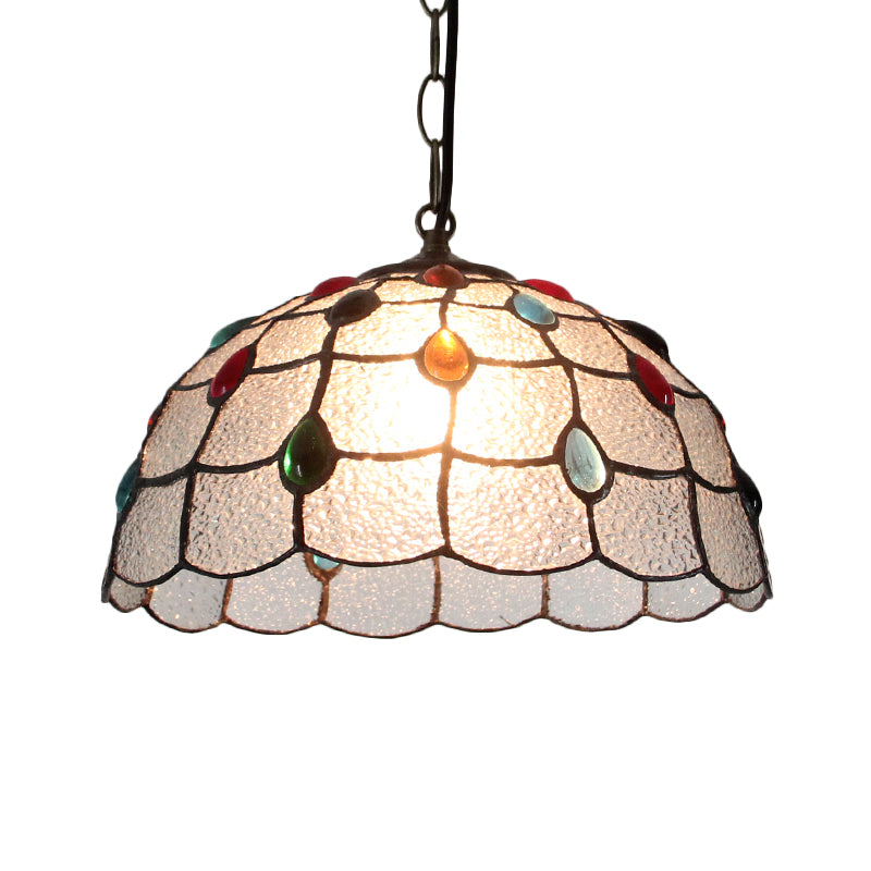 12"/16" Wide 1 Light Pendulum Light Tiffany Beaded Blue/Textured Silver Glass Ceiling Pendant for Dining Room Clearhalo 'Ceiling Lights' 'Industrial' 'Middle Century Pendants' 'Pendant Lights' 'Pendants' 'Tiffany close to ceiling' 'Tiffany Pendants' 'Tiffany' Lighting' 317794