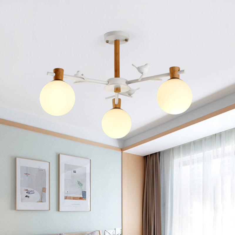 Contemporary Globe Chandelier Light White Glass 3 Bulbs Bedroom Suspended Lighting Fixture with Bird Clearhalo 'Ceiling Lights' 'Chandeliers' 'Glass shade' 'Glass' Lighting' 324350