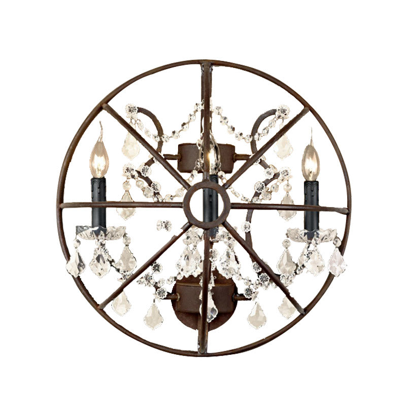 Circular Clear Crystal Sconce Light Industrial 2/3 Bulbs Wall Lighting Fixture in Rust for Living Room Clearhalo 'Art deco wall lights' 'Industrial wall lights' 'Industrial' 'Middle century wall lights' 'Tiffany' 'Wall Lamps & Sconces' 'Wall Lights' Lighting' 324560