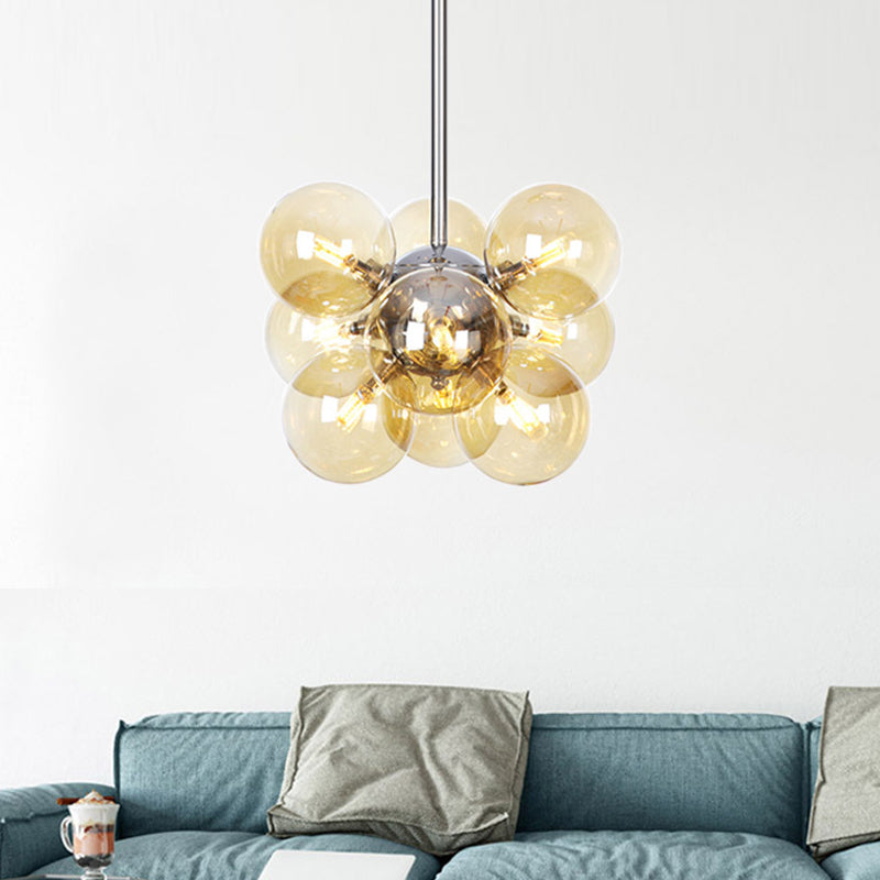 Modern 9 Heads Chandelier Light Chrome Orb Pendant Lighting Fixture with Amber Glass Shade Clearhalo 'Ceiling Lights' 'Chandeliers' 'Close To Ceiling Lights' 'Glass shade' 'Glass' 'Modern Chandeliers' 'Modern' Lighting' 324820