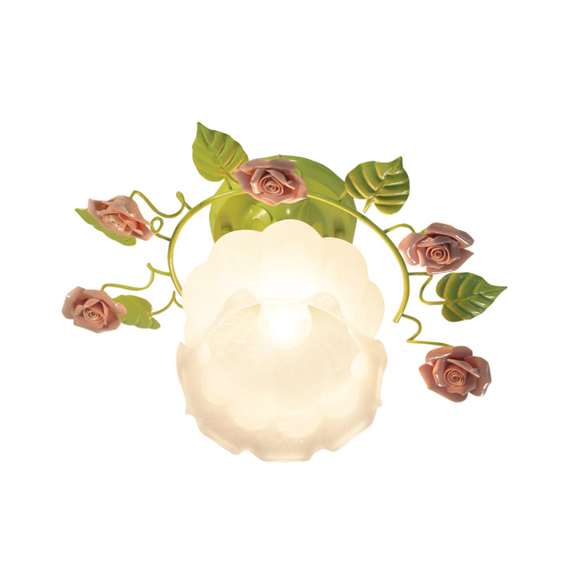 Green 1 Head Semi Flush Light Traditionalism Sandblasted Glass Rose Ceiling Fixture for Living Room Clearhalo 'Ceiling Lights' 'Close To Ceiling Lights' 'Close to ceiling' 'Glass shade' 'Glass' 'Semi-flushmount' Lighting' 325103