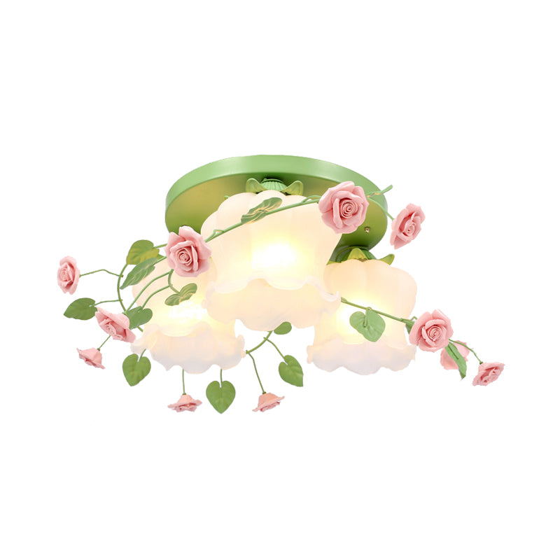 Opal Glass Bloom Ceiling Lighting Countryside 3 Heads Bedroom Flush Mount Fixture in White/Green Clearhalo 'Ceiling Lights' 'Close To Ceiling Lights' 'Close to ceiling' 'Flush mount' Lighting' 325137
