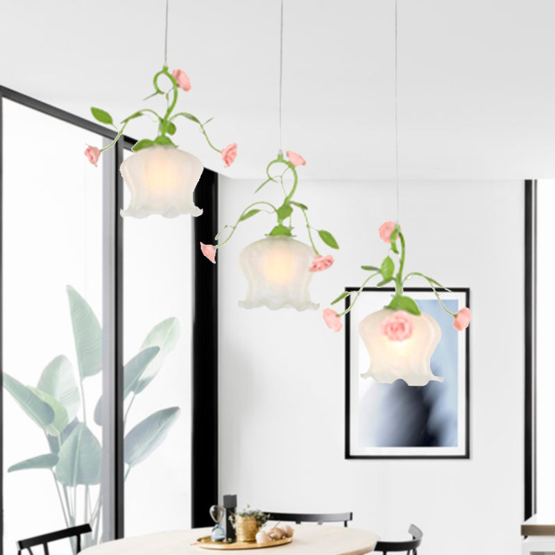 Milk Glass Scalloped Multi Light Pendant Pastoral 3 Bulbs Restaurant Suspension Lighting Fixture in Green with Round/Linear Canopy Clearhalo 'Ceiling Lights' 'Close To Ceiling Lights' 'Glass shade' 'Glass' 'Pendant Lights' 'Pendants' Lighting' 325618