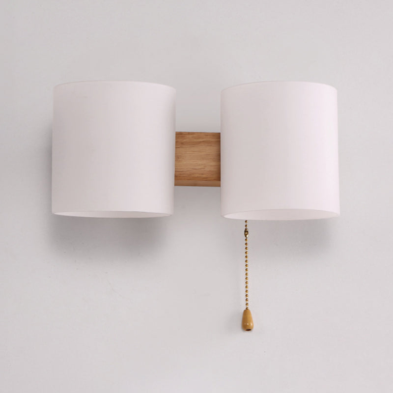 2 Bulbs Bedroom Sconce Light Asian Wood Wall Mounted Lamp with Cylindrical White Glass Shade Clearhalo 'Wall Lamps & Sconces' 'Wall Lights' Lighting' 325866