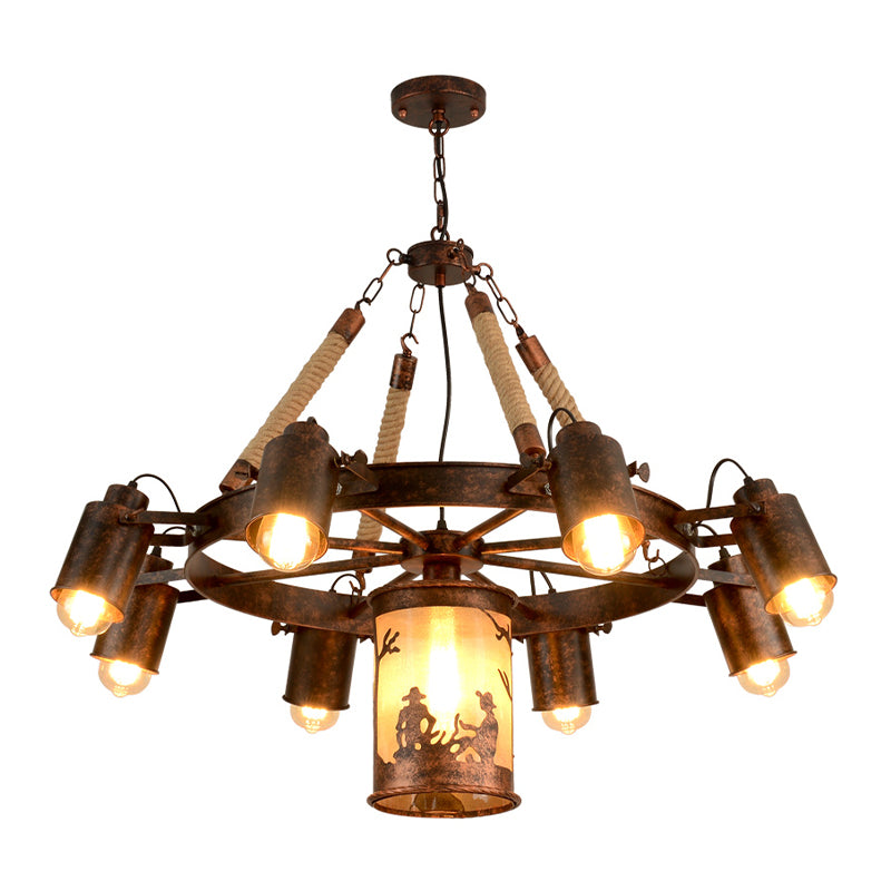 7/9 Lights Wheel Chandelier Lighting Antique Rust Metal Pendant Light Fixture for Restaurant Clearhalo 'Cast Iron' 'Ceiling Lights' 'Chandeliers' 'Industrial Chandeliers' 'Industrial' 'Metal' 'Middle Century Chandeliers' 'Rustic Chandeliers' 'Tiffany' Lighting' 326722