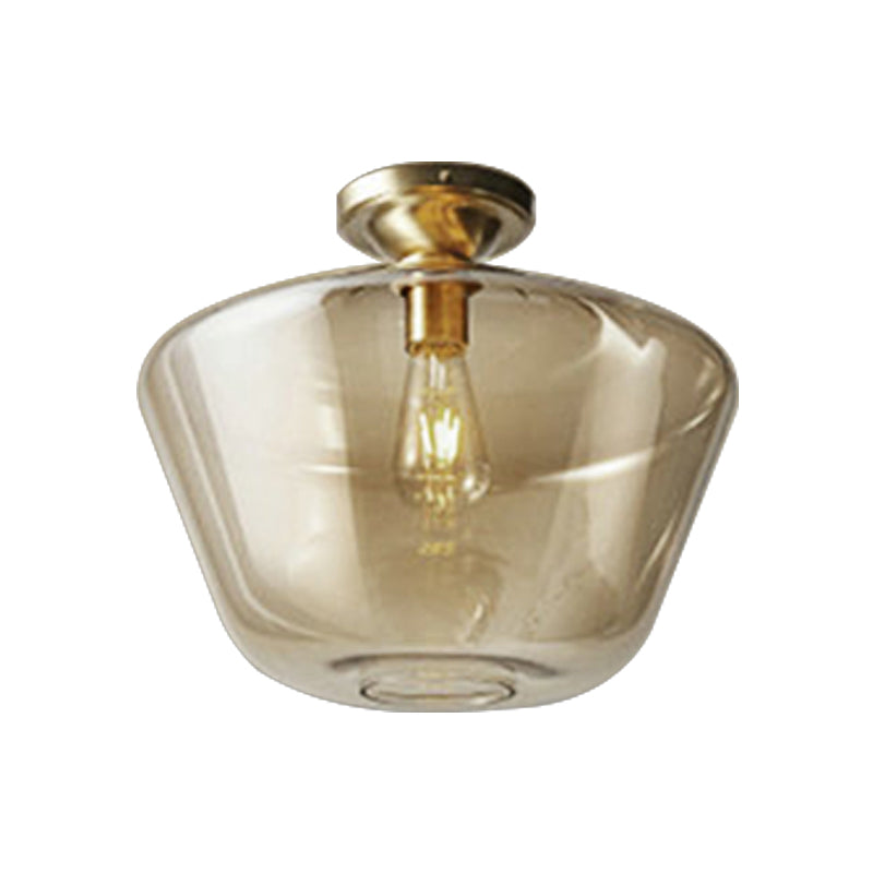 Drum/Vase Ceiling Mounted Fixture with Amber Glass Lampshade Contemporary 1 Light Flush Ceiling Fixture in Brass Finish Clearhalo 'Ceiling Lights' 'Close To Ceiling Lights' 'Close to ceiling' 'Flush mount' Lighting' 326968