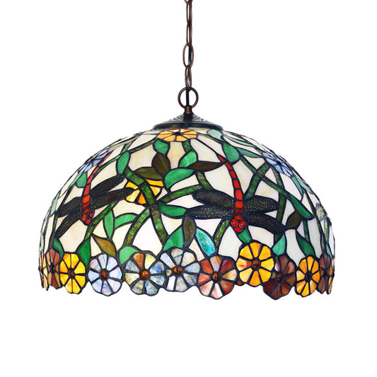2 Lights Hanging Chandelier Mediterranean Dragonfly Red/Green/Purple Cut Glass Pendant Light Kit Clearhalo 'Ceiling Lights' 'Chandeliers' 'Industrial' 'Middle Century Chandeliers' 'Tiffany Chandeliers' 'Tiffany close to ceiling' 'Tiffany' Lighting' 327279