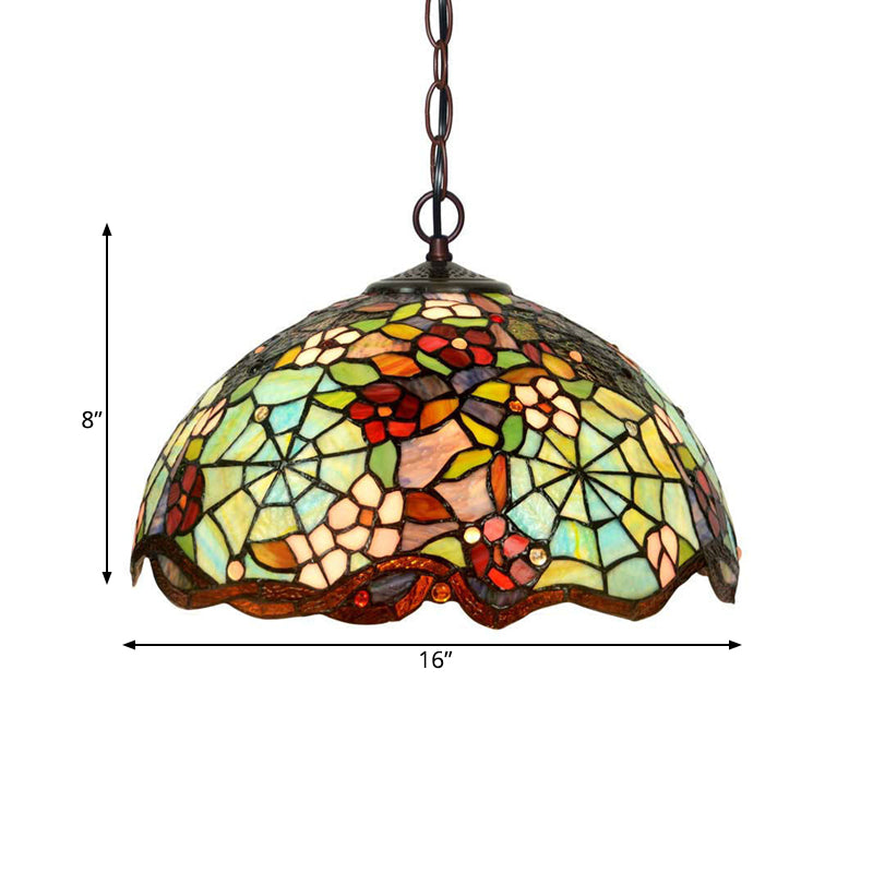 Bronze Flower Pendant Chandelier Victorian 2 Lights Red/Blue/Green Cut Glass Hanging Ceiling Light Clearhalo 'Ceiling Lights' 'Chandeliers' 'Industrial' 'Middle Century Chandeliers' 'Tiffany Chandeliers' 'Tiffany close to ceiling' 'Tiffany' Lighting' 328015