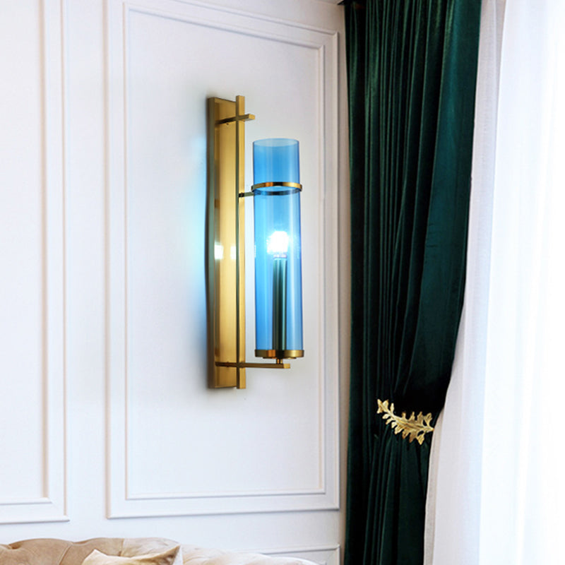 Cylinder Living Room Sconce Blue Glass 1 Head Modernism Wall Mount Light Fixture Clearhalo 'Cast Iron' 'Glass' 'Industrial' 'Modern wall lights' 'Modern' 'Tiffany' 'Traditional wall lights' 'Wall Lamps & Sconces' 'Wall Lights' Lighting' 331191