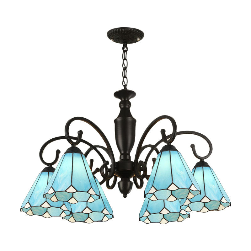 6 Lights Conical/Domed Chandelier Pendant Light Baroque White/Sky Blue/Dark Blue Glass Suspension Lighting for Bedroom Clearhalo 'Ceiling Lights' 'Chandeliers' 'Industrial' 'Middle Century Chandeliers' 'Tiffany Chandeliers' 'Tiffany close to ceiling' 'Tiffany' Lighting' 331496