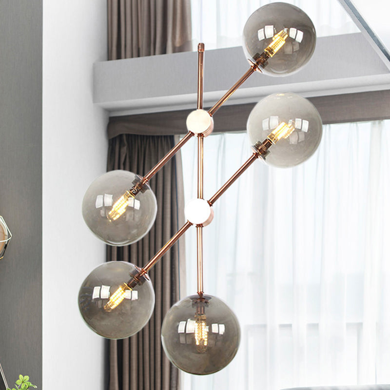 Modernist Global Hanging Ceiling Lamp Amber/Smoke Gray Glass 5 Bulbs Living Room LED Chandelier Lamp Clearhalo 'Ceiling Lights' 'Chandeliers' 'Glass shade' 'Glass' 'Modern Chandeliers' 'Modern' Lighting' 331752