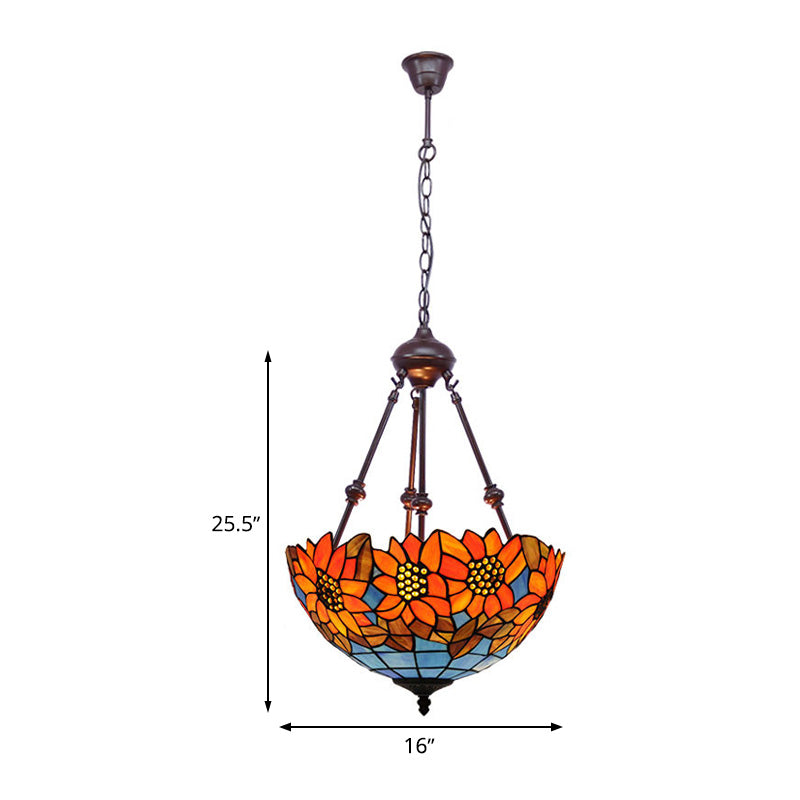 2 Lights Kitchen Ceiling Chandelier Mediterranean Red/Yellow/Orange with Flower Stained Glass Shade Clearhalo 'Ceiling Lights' 'Chandeliers' 'Industrial' 'Middle Century Chandeliers' 'Tiffany Chandeliers' 'Tiffany close to ceiling' 'Tiffany' Lighting' 331831