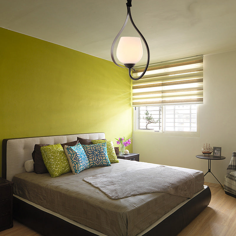 Bowl Frosted Glass Pendant Lighting Contemporary Style 1 Bulb Black Finish Hanging Ceiling Light Clearhalo 'Ceiling Lights' 'Chandeliers' 'Glass shade' 'Glass' 'Pendant Lights' 'Pendants' Lighting' 332123