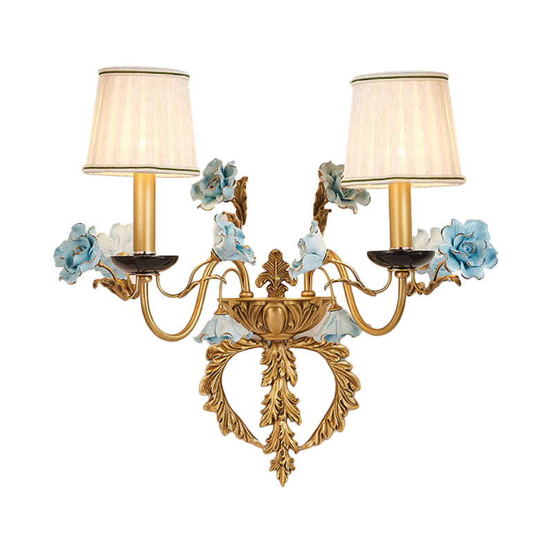 Blue Curved Arm Wall Light Fixture Countryside Metal 2 Lights Living Room Sconce with/without Shade Blue With Shade Clearhalo 'Wall Lamps & Sconces' 'Wall Lights' Lighting' 332169