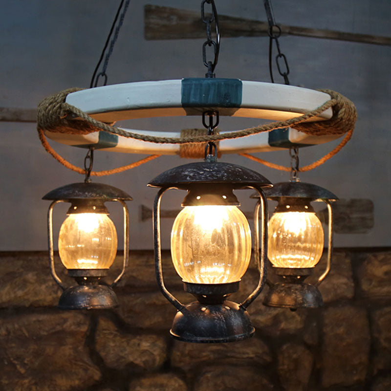 3 Lights Chandelier Lighting Factory Lantern Clear Glass Hanging Light Fixture in Blue Clearhalo 'Ceiling Lights' 'Chandeliers' 'Glass shade' 'Glass' 'Industrial Chandeliers' 'Industrial' 'Middle Century Chandeliers' 'Tiffany' Lighting' 337453