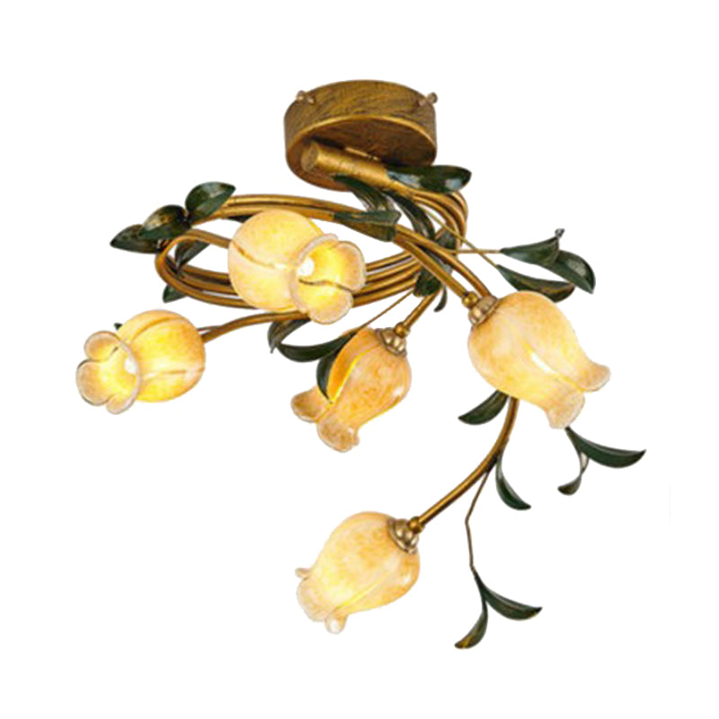 Brass Petal Semi Flush Mount Light Rural Beige Glass 5 Lights Dining Room Ceiling Lamp Clearhalo 'Ceiling Lights' 'Close To Ceiling Lights' 'Close to ceiling' 'Glass shade' 'Glass' 'Semi-flushmount' Lighting' 337823