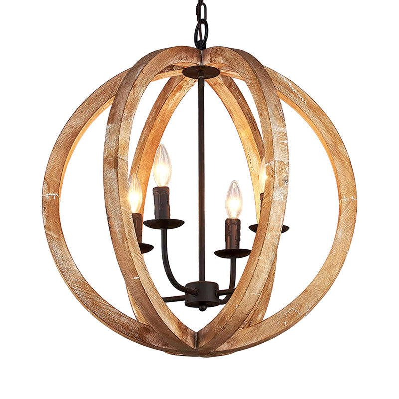 Sphere Chandelier Lamp Nordic Wood 4 Heads Beige Pendant Lighting Fixture for Restaurant Clearhalo 'Ceiling Lights' 'Chandeliers' Lighting' options 339891