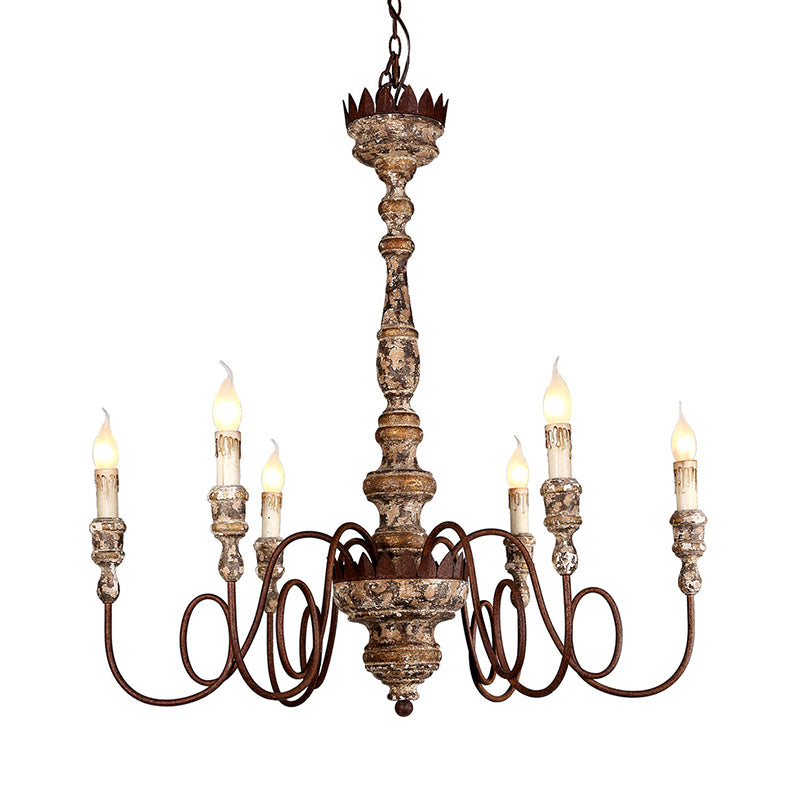 Candle Wooden Pendant Lighting Traditional 6-Bulb Living Room Chandelier Light with Swirling Arm in Rust Clearhalo 'Ceiling Lights' 'Chandeliers' Lighting' options 342330