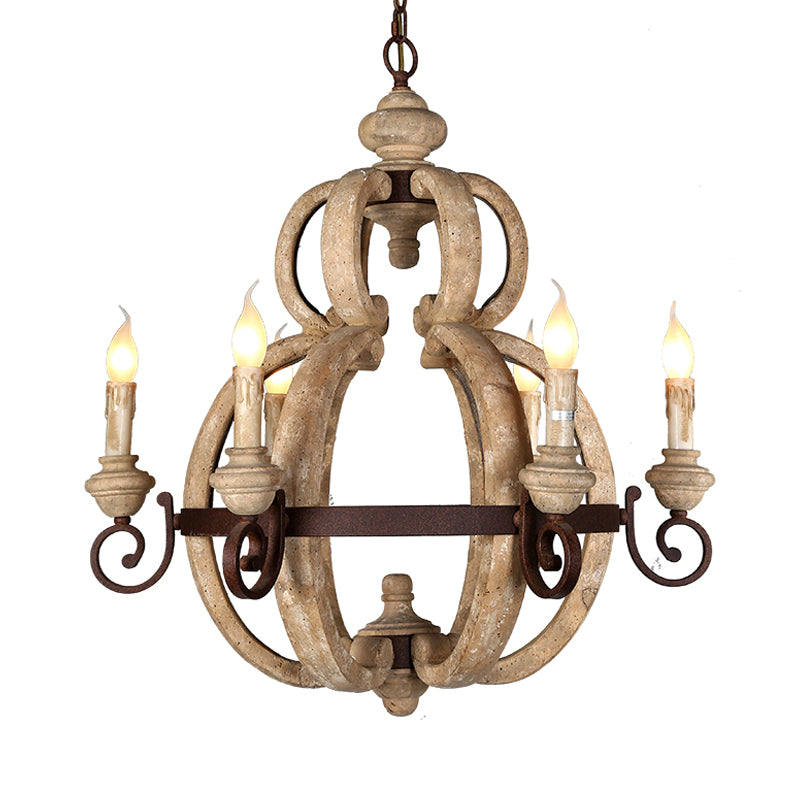 6-Light Chandelier Light Antique Living Room Suspension Pendant with Candle Wood in Beige Clearhalo 'Ceiling Lights' 'Chandeliers' Lighting' options 342361